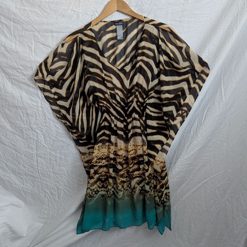 Tunic Top Animal Print Teal Trim Dolman Sleeve Sz 6 Resortwear Beach Flowy EUC